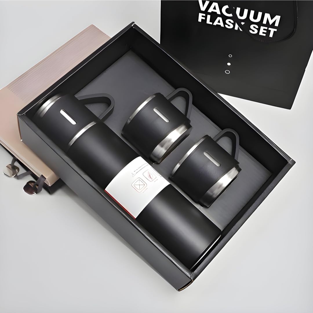 Stainless Steel Vacuum Flask Set with 3 Steel Cups